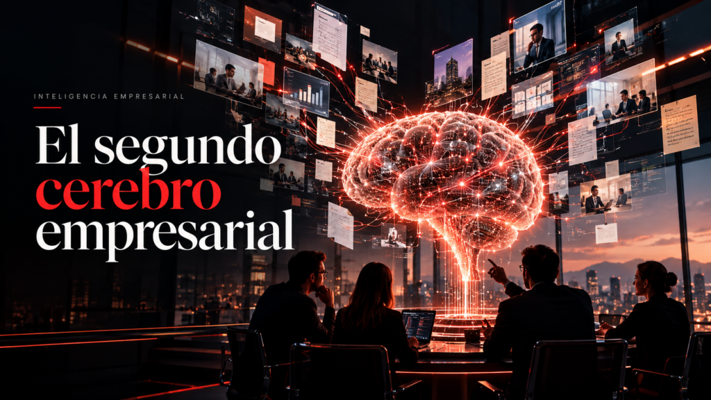 El segundo cerebro empresarial: equipo de trabajo frente a una red luminosa que conecta documentos, personas y conocimiento.